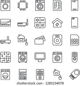 Thin Line Icon Set - washer vector, calculator, monitor, speaker, phone back, sim, smart home, credit card, control, chip, remote, router, usb flash