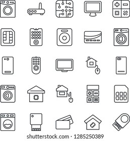 Thin Line Icon Set - washer vector, calculator, monitor, speaker, phone back, sim, smart home, credit card, control, chip, remote, router, usb flash