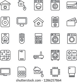 Thin Line Icon Set - washer vector, calculator, monitor, speaker, phone back, sim, smart home, credit card, control, chip, remote, router, usb flash
