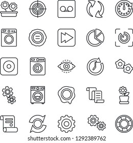 Thin Line Icon Set - washer vector, gear, contract, stamp, fast forward, rec button, update, record, eye id, pie graph, target, flower in pot, clock, crisis management