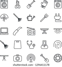 Thin Line Icon Set - washer vector, job, shovel, farm fork, ripper, rake, watering can, glove, garden knife, stethoscope, office phone, camera, radio, antenna, laptop pc, fingerprint id, table