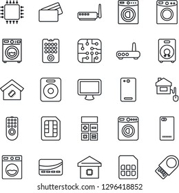 Thin Line Icon Set - washer vector, calculator, monitor, speaker, phone back, sim, smart home, credit card, control, chip, remote, router, usb flash