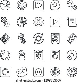 Thin Line Icon Set - washer vector, gear, circle chart, contract, pills blister, play button, fast forward, rec, update, record, pie graph, target, flower in pot, omelette, clock