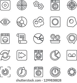 Thin Line Icon Set - washer vector, gear, circle chart, stamp, contract, fast forward, rec button, record, eye id, update, pie graph, target, flower in pot, omelette, clock, crisis management