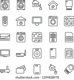 Thin Line Icon Set - washer vector, calculator, monitor, speaker, phone back, sim, smart home, credit card, control, chip, remote, router, usb flash