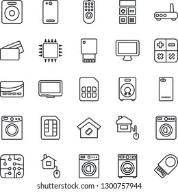 Thin Line Icon Set - washer vector, calculator, monitor, speaker, phone back, sim, smart home, credit card, control, chip, remote, router, usb flash