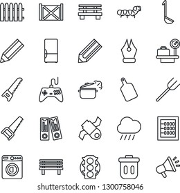 Thin Line Icon Set - washer vector, luggage scales, office binder, pencil, farm fork, fence, saw, rain, bench, caterpillar, satellite, traffic light, container, gamepad, abacus, ink pen, fridge