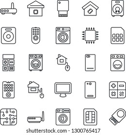 Thin Line Icon Set - washer vector, calculator, monitor, speaker, phone back, sim, smart home, control, chip, remote, router, usb flash