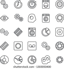 Thin Line Icon Set - washer vector, gear, circle chart, stamp, pills blister, rec button, record, eye id, pie graph, omelette, clock, crisis management