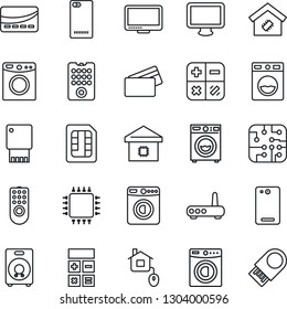 Thin Line Icon Set - washer vector, calculator, monitor, speaker, phone back, sim, smart home, credit card, control, chip, remote, router, usb flash