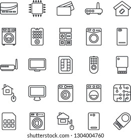 Thin Line Icon Set - washer vector, calculator, monitor, phone back, sim, smart home, credit card, control, chip, remote, router, usb flash