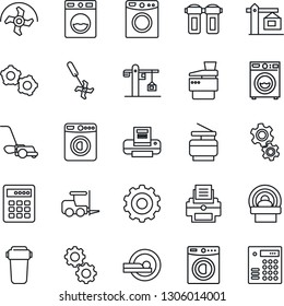 Thin Line Icon Set - washer vector, fork loader, gear, ripper, lawn mower, tomography, printer, copier, crane, water filter, combination lock
