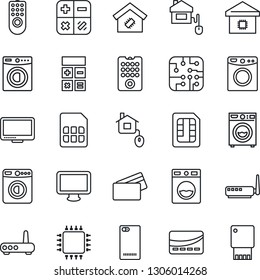 Thin Line Icon Set - washer vector, calculator, monitor, phone back, sim, smart home, credit card, control, chip, remote, router, usb flash