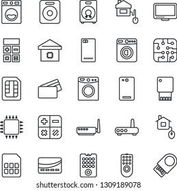 Thin Line Icon Set - washer vector, calculator, monitor, speaker, phone back, sim, smart home, credit card, control, chip, remote, router, usb flash