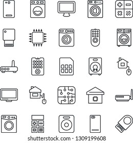 Thin Line Icon Set - washer vector, calculator, monitor, speaker, phone back, sim, smart home, control, chip, remote, router, usb flash