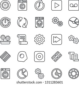 Thin Line Icon Set - washer vector, gear, contract, circle chart, stamp, pills blister, play button, fast forward, rec, update, record, pie graph, flower in pot, omelette, clock, crisis management