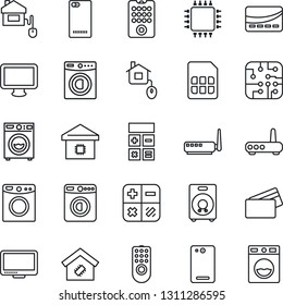 Thin Line Icon Set - washer vector, calculator, monitor, speaker, phone back, sim, smart home, credit card, control, chip, remote, router