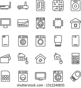 Thin Line Icon Set - washer vector, calculator, monitor, speaker, phone back, sim, smart home, credit card, control, chip, router, usb flash