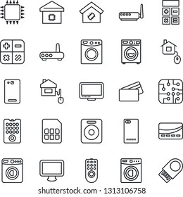 Thin Line Icon Set - washer vector, calculator, monitor, speaker, phone back, sim, smart home, credit card, control, chip, remote, router, usb flash