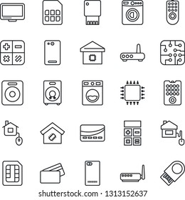 Thin Line Icon Set - washer vector, calculator, monitor, speaker, phone back, sim, smart home, credit card, control, chip, remote, router, usb flash