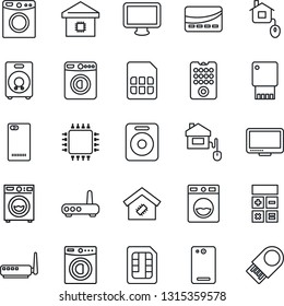 Thin Line Icon Set - washer vector, calculator, monitor, speaker, phone back, sim, smart home, credit card, control, chip, remote, router, usb flash