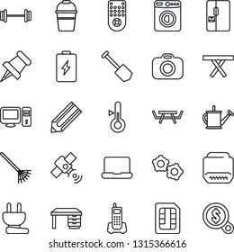 Thin Line Icon Set - washer vector, gear, desk, job, pencil, rake, watering can, bucket, picnic table, barbell, office phone, camera, satellite, remote control, paper pin, hdmi, sim, notebook pc