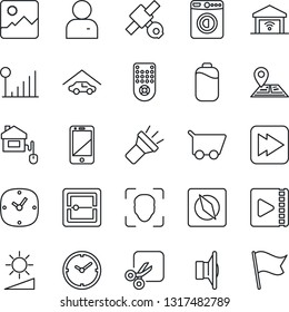 Thin Line Icon Set - washer vector, navigation, satellite, speaker, remote control, cell phone, fast forward, gallery, user, clock, scanner, torch, brightness, cut, compass, face id, video, battery