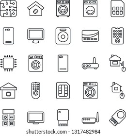 Thin Line Icon Set - washer vector, calculator, monitor, speaker, phone back, sim, smart home, credit card, control, chip, remote, router, usb flash