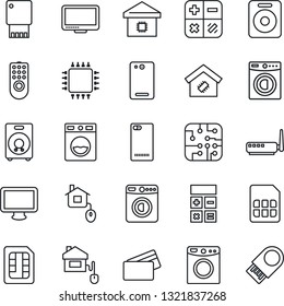 Thin Line Icon Set - washer vector, calculator, monitor, speaker, phone back, sim, smart home, credit card, control, chip, remote, router, usb flash