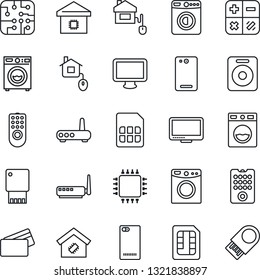 Thin Line Icon Set - washer vector, calculator, monitor, speaker, phone back, sim, smart home, credit card, control, chip, remote, router, usb flash