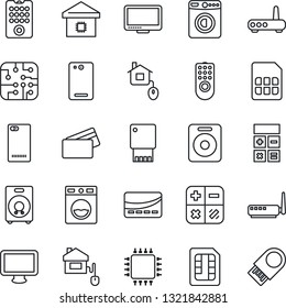 Thin Line Icon Set - washer vector, calculator, monitor, speaker, phone back, sim, smart home, credit card, control, chip, remote, router, usb flash