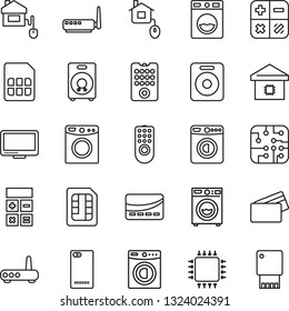 Thin Line Icon Set - washer vector, calculator, monitor, speaker, phone back, sim, smart home, credit card, control, chip, remote, router, usb flash