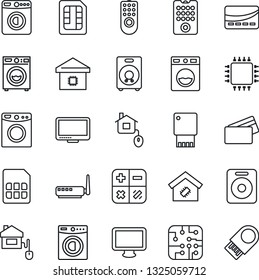 Thin Line Icon Set - washer vector, calculator, monitor, speaker, sim, smart home, credit card, control, chip, remote, router, usb flash
