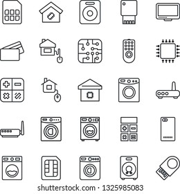Thin Line Icon Set - washer vector, calculator, monitor, speaker, phone back, sim, smart home, credit card, control, chip, remote, router, usb flash