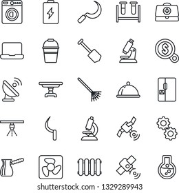 Thin Line Icon Set - washer vector, job, rake, bucket, sickle, doctor case, blood test vial, microscope, satellite antenna, notebook pc, table, fridge, dish, turkish coffee, fan, gear, radiator