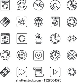 Thin Line Icon Set - washer vector, circle chart, stamp, contract, pills blister, play button, fast forward, rec, record, eye id, update, pie graph, target, flower in pot, clock, crisis management