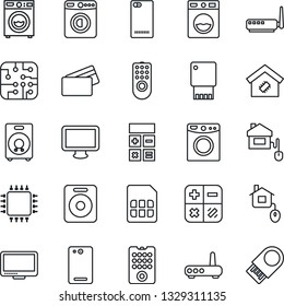 Thin Line Icon Set - washer vector, calculator, monitor, speaker, phone back, sim, smart home, credit card, control, chip, remote, router, usb flash