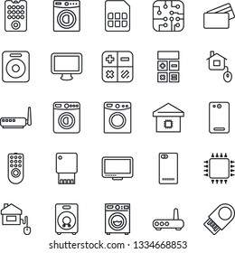 Thin Line Icon Set - washer vector, calculator, monitor, speaker, phone back, sim, smart home, credit card, control, chip, remote, router, usb flash