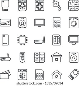 Thin Line Icon Set - washer vector, calculator, monitor, speaker, phone back, sim, smart home, credit card, control, chip, remote, router, usb flash