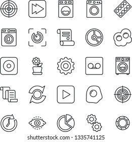 Thin Line Icon Set - washer vector, gear, contract, circle chart, pills blister, play button, fast forward, rec, record, eye id, update, pie graph, target, flower in pot, omelette, clock
