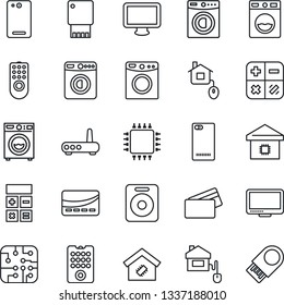 Thin Line Icon Set - washer vector, calculator, monitor, speaker, phone back, smart home, credit card, control, chip, remote, router, usb flash