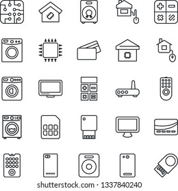 Thin Line Icon Set - washer vector, calculator, monitor, speaker, phone back, sim, smart home, credit card, control, chip, remote, router, usb flash