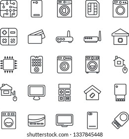 Thin Line Icon Set - washer vector, calculator, monitor, phone back, sim, smart home, credit card, control, chip, remote, router, usb flash