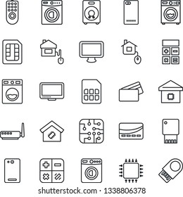 Thin Line Icon Set - washer vector, calculator, monitor, speaker, phone back, sim, smart home, credit card, control, chip, remote, router, usb flash