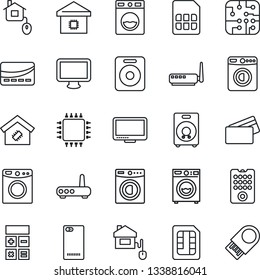 Thin Line Icon Set - washer vector, calculator, monitor, speaker, phone back, sim, smart home, credit card, control, chip, remote, router, usb flash