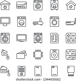 Thin Line Icon Set - washer vector, calculator, monitor, speaker, phone back, sim, smart home, credit card, control, chip, remote, router, usb flash