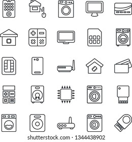 Thin Line Icon Set - washer vector, calculator, monitor, speaker, phone back, sim, smart home, credit card, control, chip, remote, router, usb flash