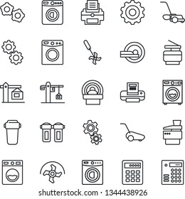 Thin Line Icon Set - washer vector, gear, ripper, lawn mower, tomography, printer, copier, crane, water filter, combination lock