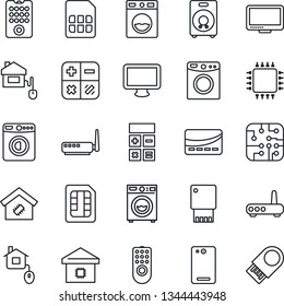 Thin Line Icon Set - washer vector, calculator, monitor, speaker, phone back, sim, smart home, credit card, control, chip, remote, router, usb flash