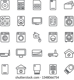 Thin Line Icon Set - washer vector, calculator, monitor, speaker, phone back, sim, smart home, credit card, control, remote, router, usb flash